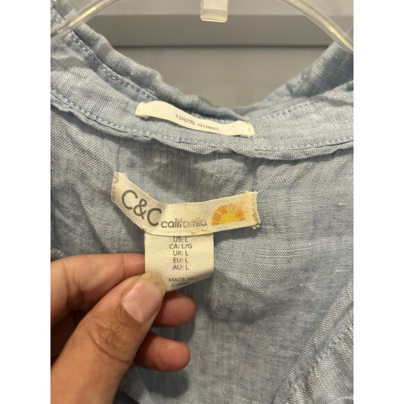 Cynthia Rowley Blue Linen Top Sz Large Short Sleeve Ruffle Peplum Henley Collar - Picture 2 of 5